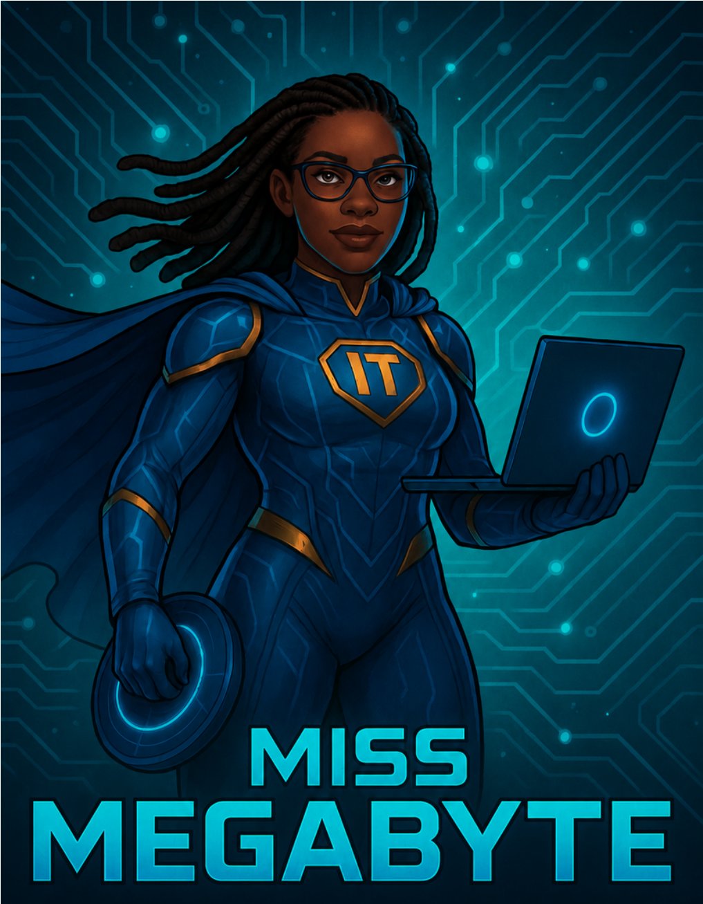 Miss MegaByte — The Tech Hero, a superhero in a blue suit with gold accents and an IT shield emblem, holding a glowing laptop against a teal circuit-board background